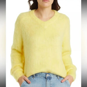 Madewell Fuzzy Alpaca Wool Sweater Lemon Yellow Brushed Knit Soft Cozy V Neck S